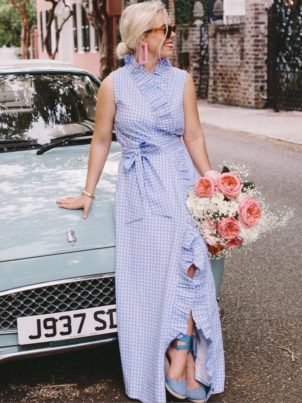 Elizabeth Wilson Designs Anne Claire Blue Gingham Ruffle Wrap Maxi Dress No Belt